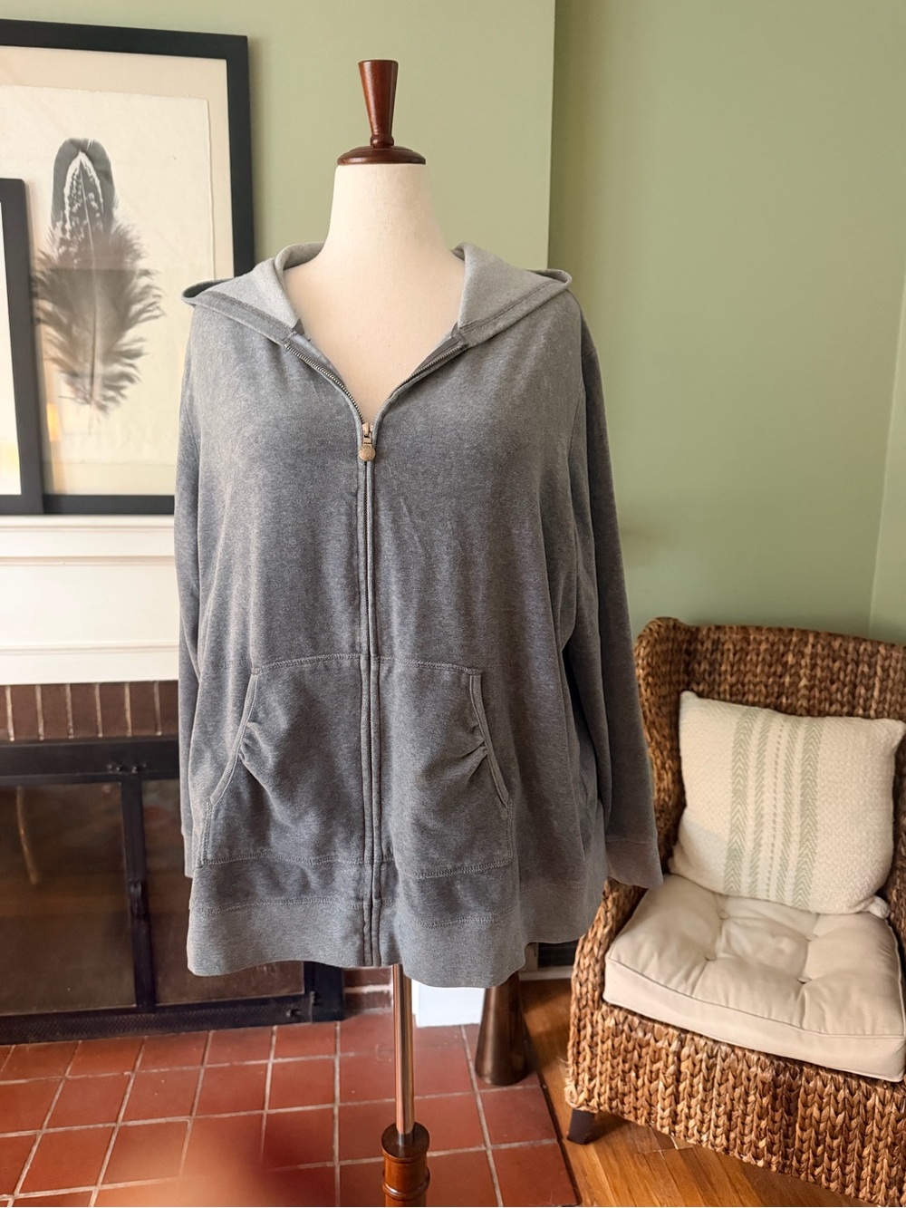 Gray Cotton Velour Full-Zip Hoodie Size 26/28